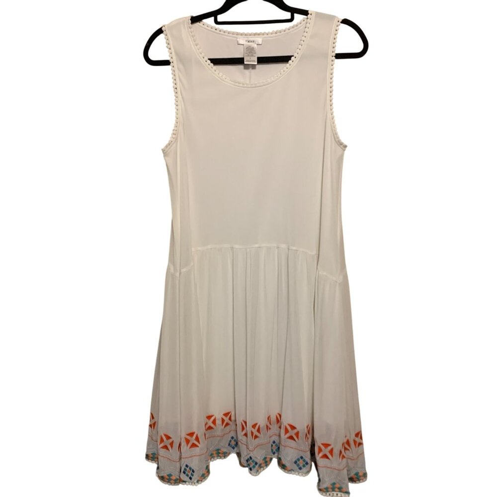 Esley White Sleeveless Dress Embroidered Hem Pom-Pom Trim Sz L Fairy Cottagecore